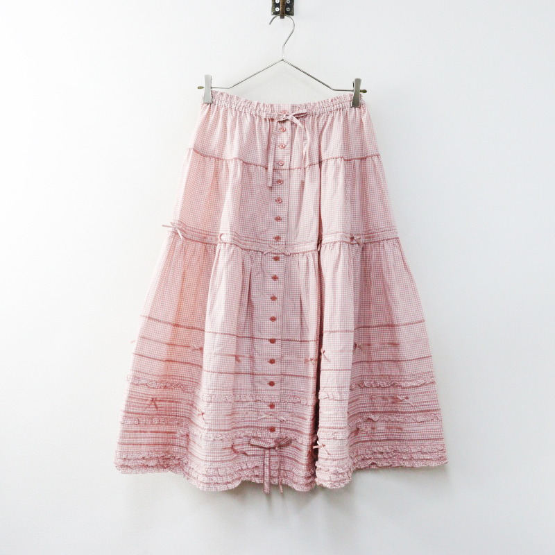 ピンクハウス　スカート　フロントボタン　 ティアード　リボン　ピコフリル ピンクハウス PINK HOUSE ギンガムリボンピコフリルティアードスカート